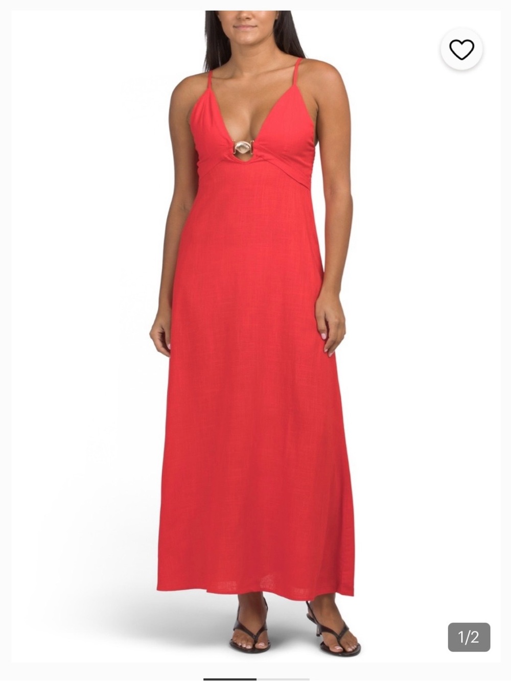 Red Spaghetti-Strap Maxi Dress with Front Ring Detail